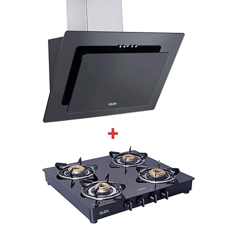 GLEN Black Chimney Hood 6079 60cm with Glen 1043 GT Brass Burner Black Mirror Cooktop