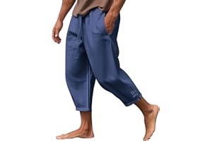 PETCDIM Men's Linen Casual Harem Capri Pants Lightweight Loose 3/4 Shorts Drawstring Elastic Waist Hippie Beach Yoga Trousers
