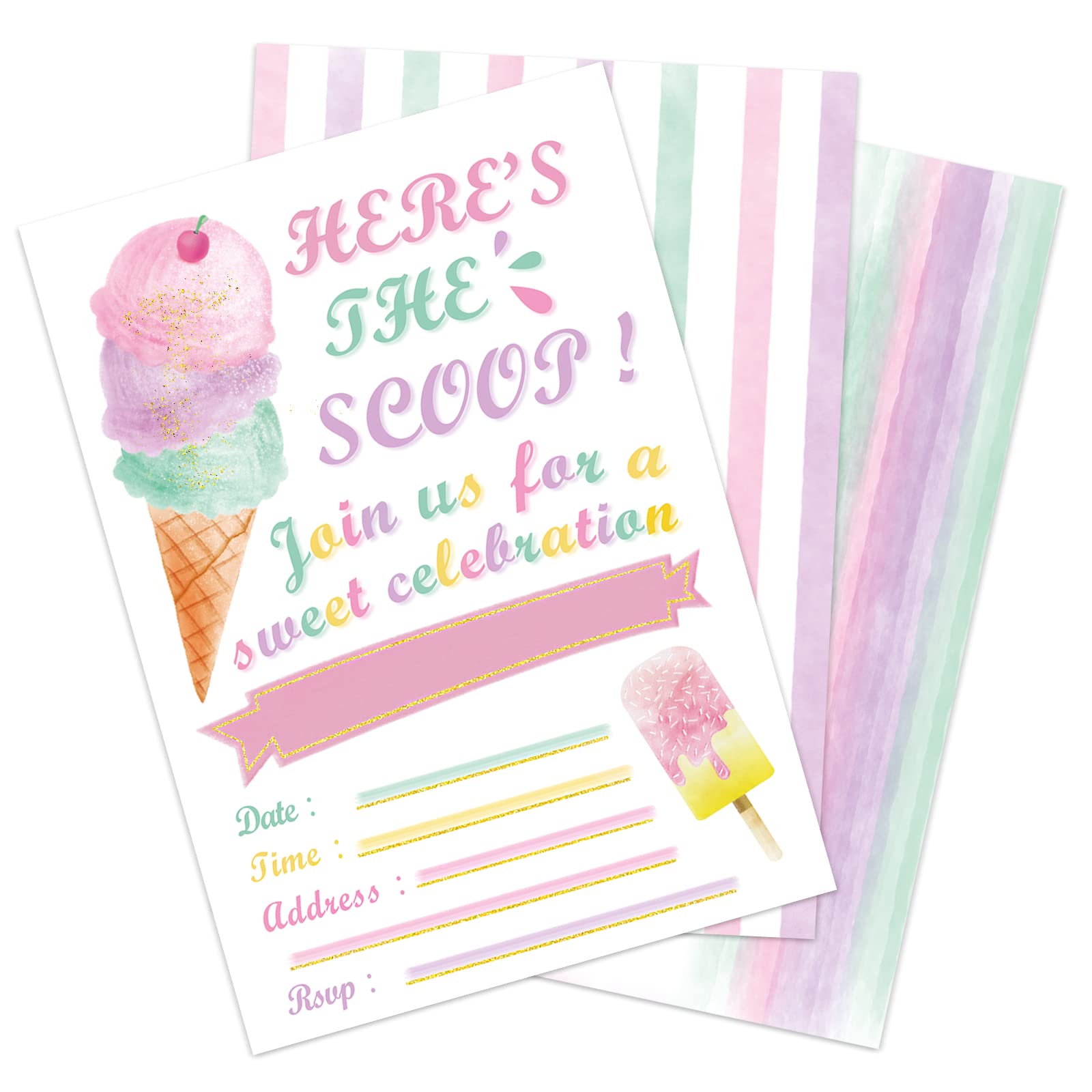 WERNNSAI Ice Cream Party Invitations for Kids - 20 PCS Sweet Summer Birthday Party Invitations for Girls Birthday Invites Cards with Envelopes Pink Gold Glitter Design