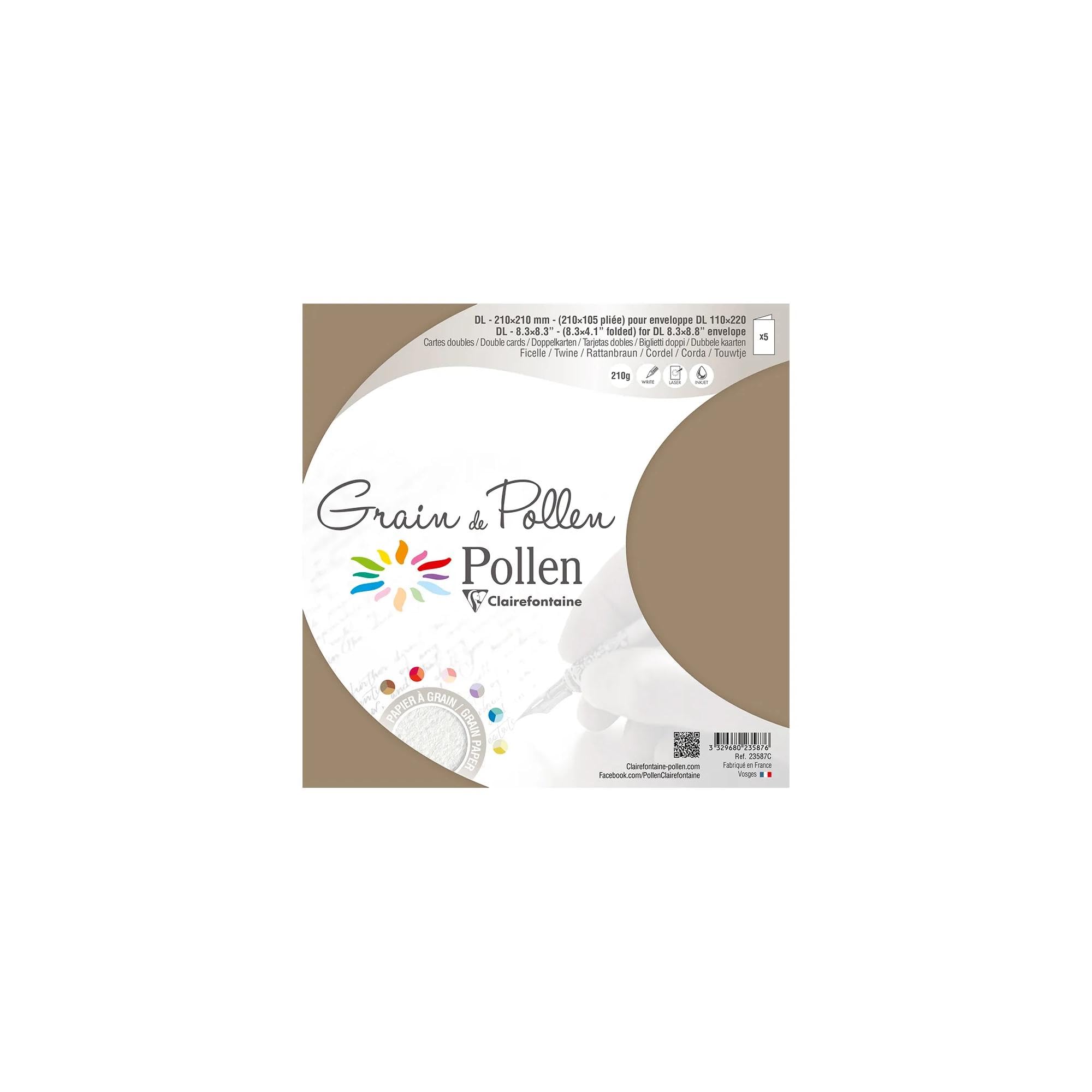 Clairefontaine 23587C Pack of 5 Double Cards Format 10,5x21cm 210g/m² String Colour Invitation and Correspondence Cardboard Pollen Grain Range Premium Paper