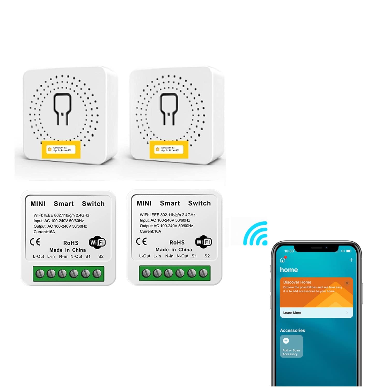 Smart Light Switch 2 Way 16A WiFi Switch Works with Apple HomeKit/Alexa/Google Home, APP Remote/Voice Control and Timer Function, WiFi Relay for Most Appliances, No Hub Required 4 Pack — image 1