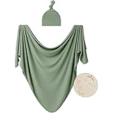 Kloovete Large Jersey Knitted Swaddle Blanket for Baby, Soft Stretchy Receiving Blanket for Newborns with Hat, Baby Nursery Swaddle 47 x 47 inches(Sage)