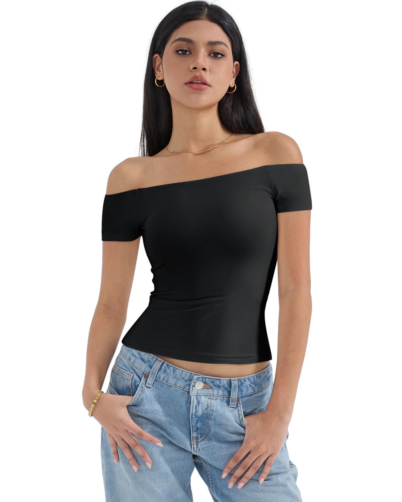 Photo 1 of SUUKSESS Women Double Lined Off The Shoulder Tops Sexy Y2k Slim Fitted Going Out Basic Shirts (Jet Black, S)