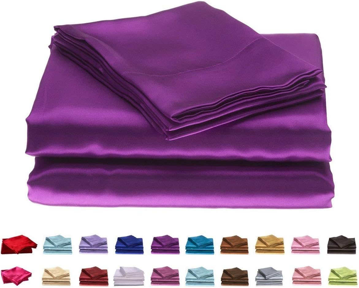 MOONLIGHT BEDDING Ultra Silky Soft and Luxurious Satin 4-Piece Queen Bed Sheet Set 15'' deep - Purple