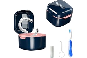POZLLE Denture Bath Box Cup，Portable Denture Case with Strainer Basket，False Teeth Storage Box Holder，Retainer case Cleaning，Soak Cup，With braces chewable tablets and Extractor toothbrush（Blue）…