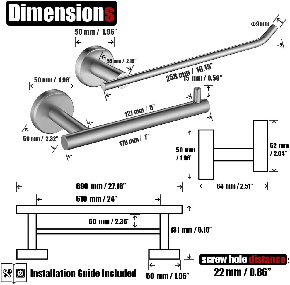 JQK Bathroom Hardware Towel Bar Set, 5-Piece Bath Accessories Set Brushed Finished Wall Mount Includes 24 in Towel Bar, 9 in HT Bar, TP Holder, Towel Hook x 2, BAS105-BN: Home & Kitchen