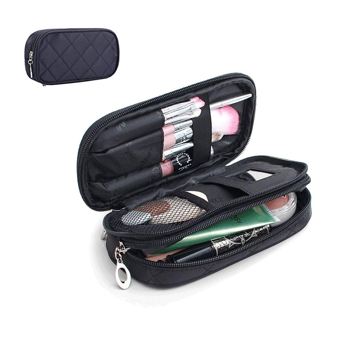 Masatre Portable Makeup Bag,With Mirror 2-Layer Toiletry Brush Bag for Women, Travel/Train Kit Organizer, Professional Makeup Pouch (Black)