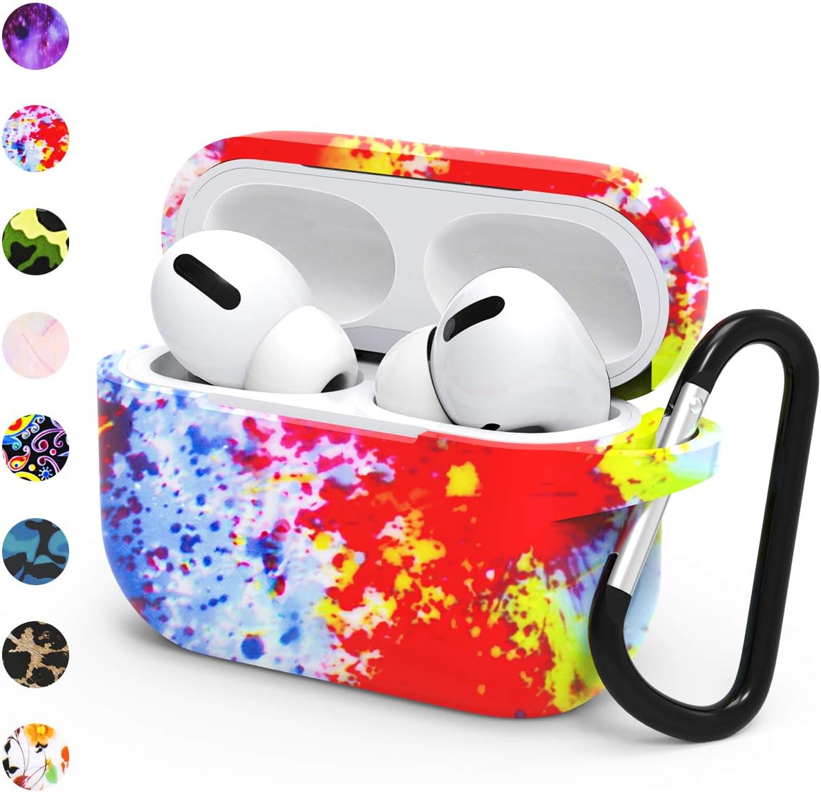 HUMENN Protective Cover Compatible with AirPods Pro Case, Soft Silicone Fadeless Pattern Printed Case Cover for Airpods pro 2019 with Carabiner(Colorful)