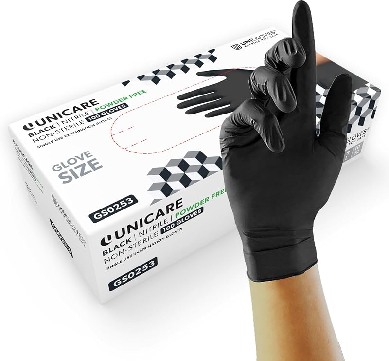 Unigloves Unicare Nitrile Examination Gloves Medium Black Box of 100