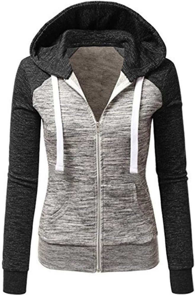 NewbestyleHoodies for Women Color Block Hooded Sweatshirt Basic Zip-Up Jersey Jacket Long Sleeve Top with Pockets Plus Size