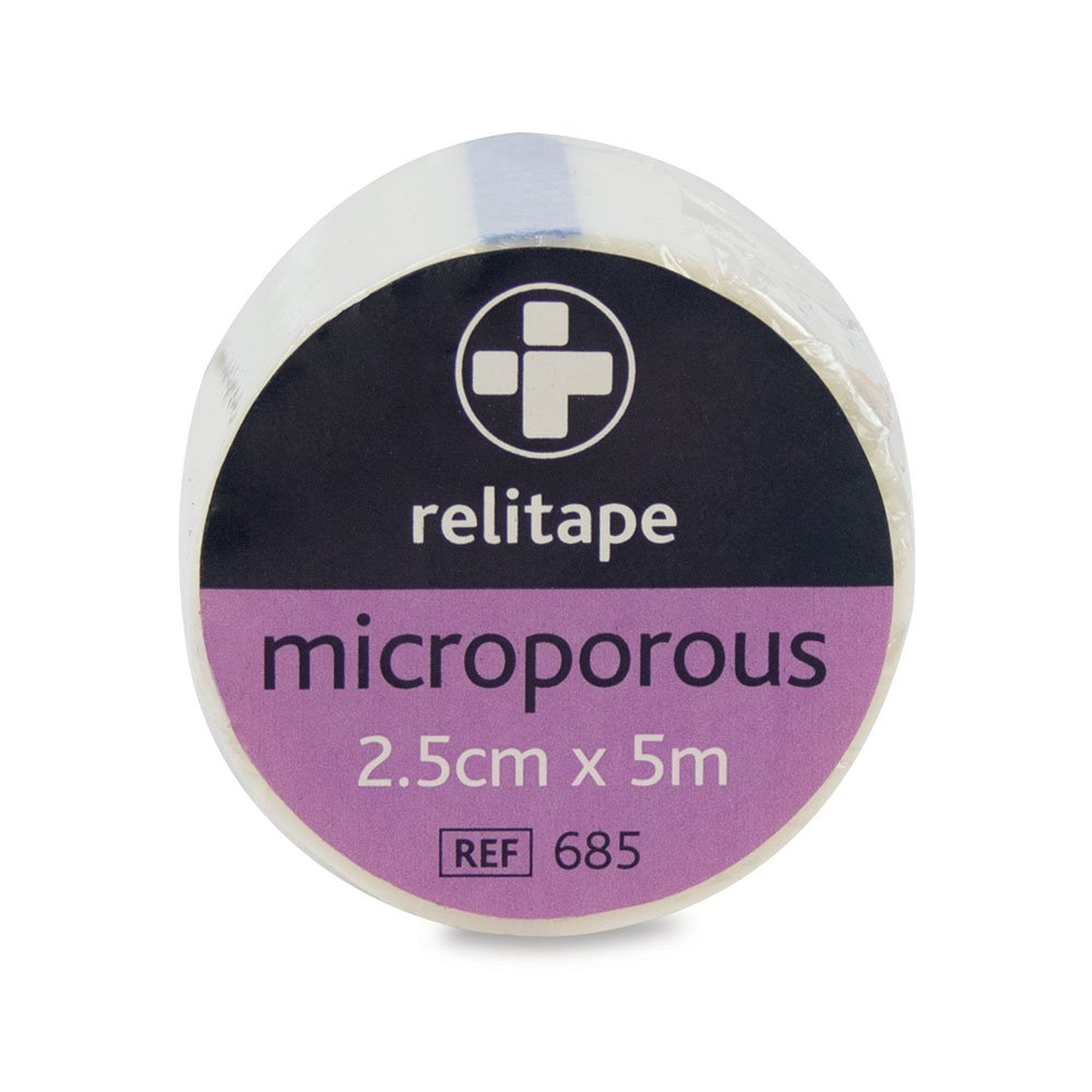 Reliance Medical Relitape Microporous Tape - Low-Allergy, Tearable by Hand, High Tensile Strength, Ideal for Sensitive Skin, Multi-Purpose Use for Bandages and Dressings, 2.5 cm x 5 m, Pack of 12