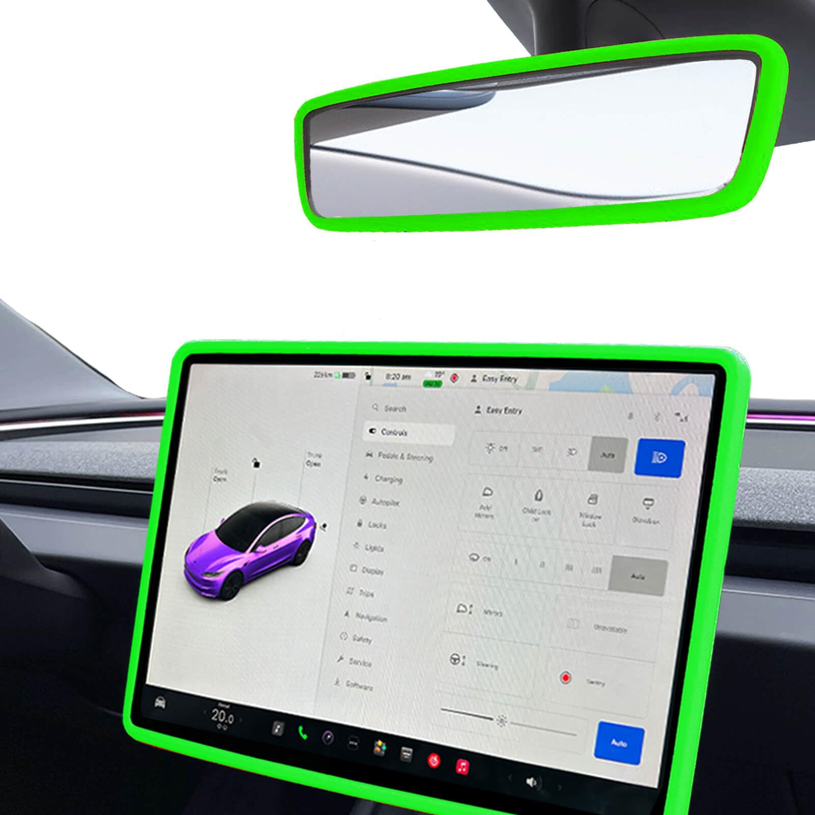 Photo 1 of Yeapop 2Pcs Silicone Protector Frames of Screen and Rear View Mirror for Tesla Model 3 2024 Highland and Model Y 2025 Juniper. (Green)