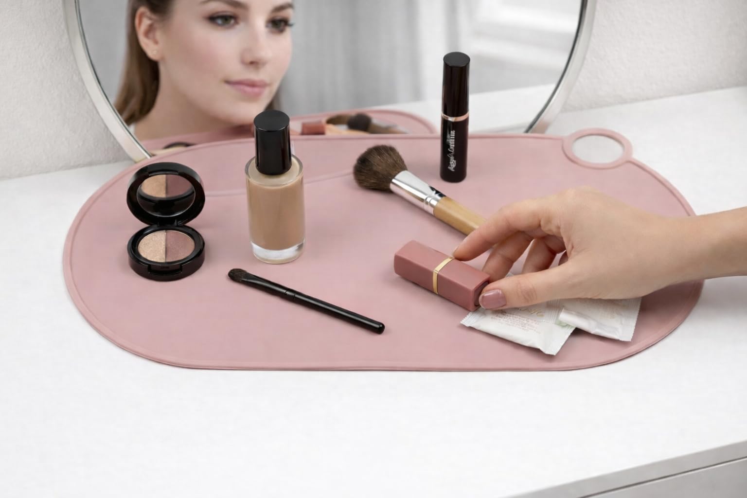 Photo 1 of Durable Silicone Vanity Makeup Mat - Heat Resistant, Portable, and Protective | Perfect for Travel and Daily Vanity Surface Protection (Pink)