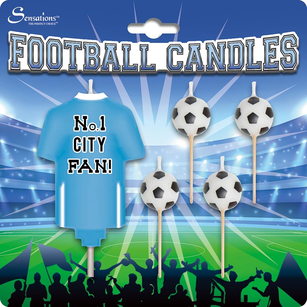 Expreess Yourself Touchdown Delight Football Candles – Set of 4 Football Candles and 1 Football Jersey Candles with Attractive Styling No. 1 City Fan! Sky Blue Jersey.