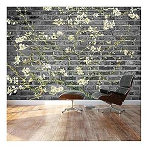 "Almond Blossom by Vincent Van Gogh - Floral Painting on a Grayscale Textured Background - Wall Mural, Removable Sticker, Home Decor - 66x96 inches