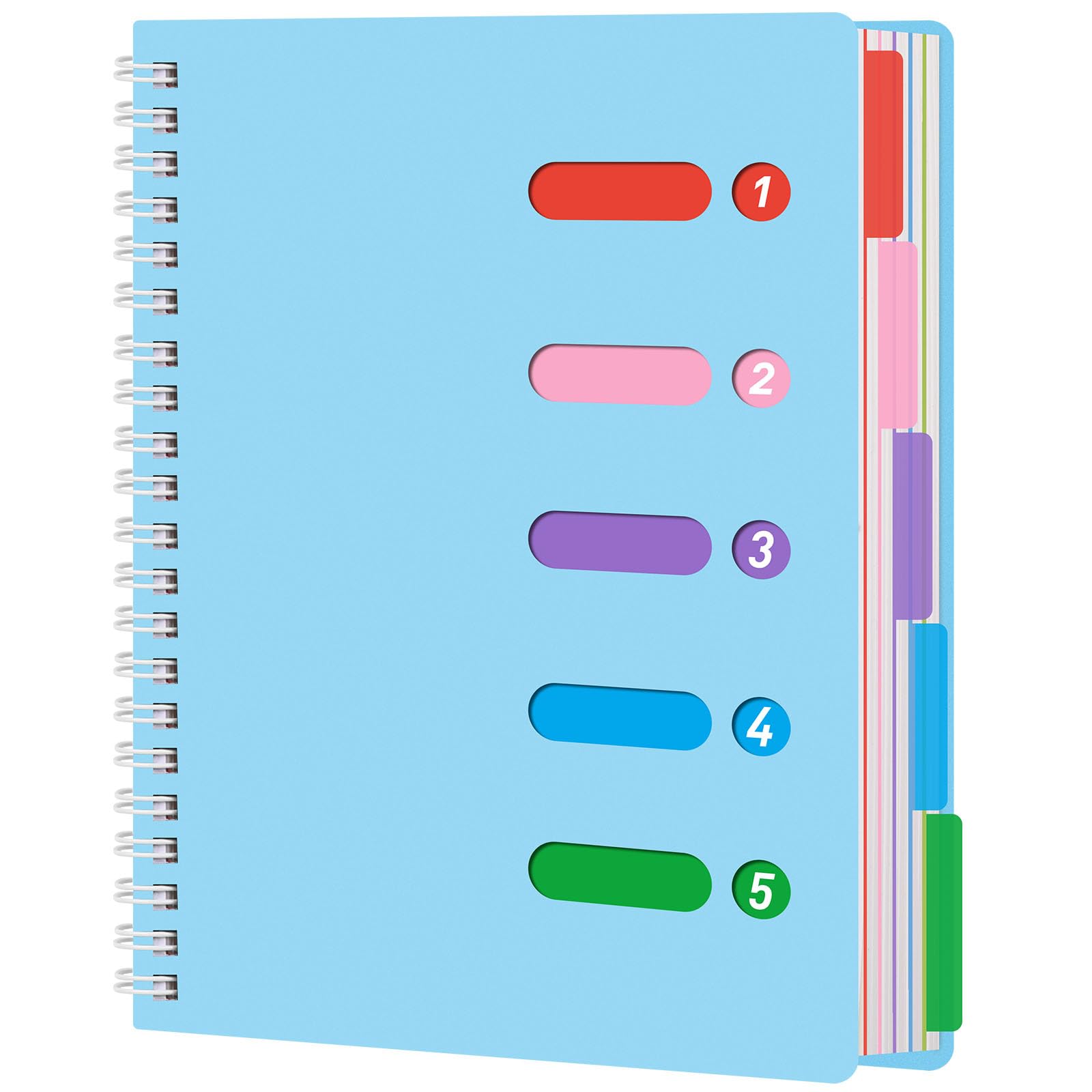 Koogel Ruled Spiral Journal Notebook, 28x21.6 cm with Dividers & Waterproof Cover, 5 Subject for School Note Taking & Office, Blue