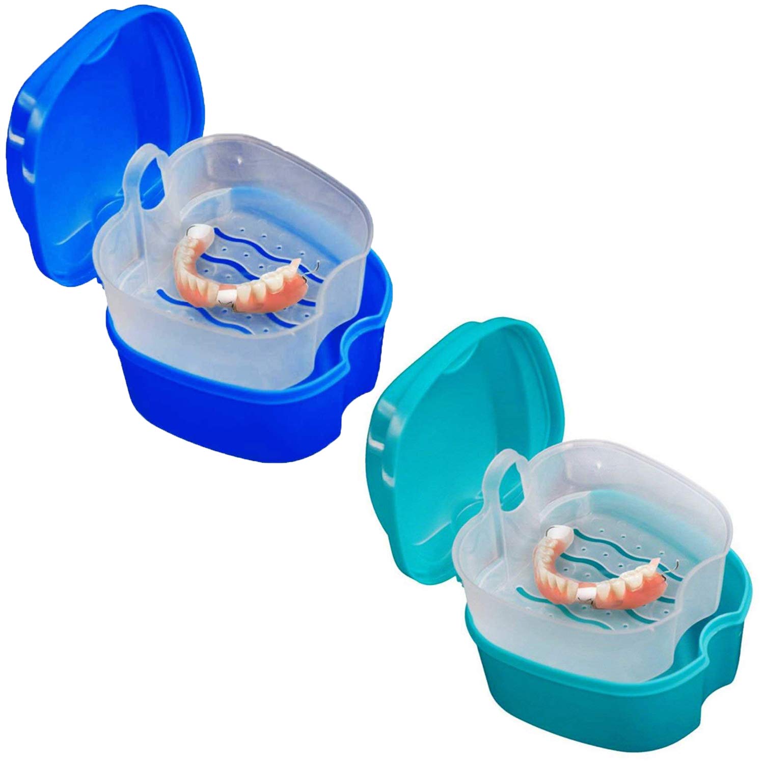 KISEER 2 Pack Colors Denture Bath Case Cup Box Holder Storage Soak Container with Strainer Basket for Travel Cleaning (Light Blue and Blue) : Beauty