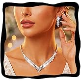Aukmla Silver Bridal Wedding Jewelry Set Sparkly Rhinstone Wedding Necklace Earrings Bracelet Sets Prom Costume Jewelry for Women and Brides