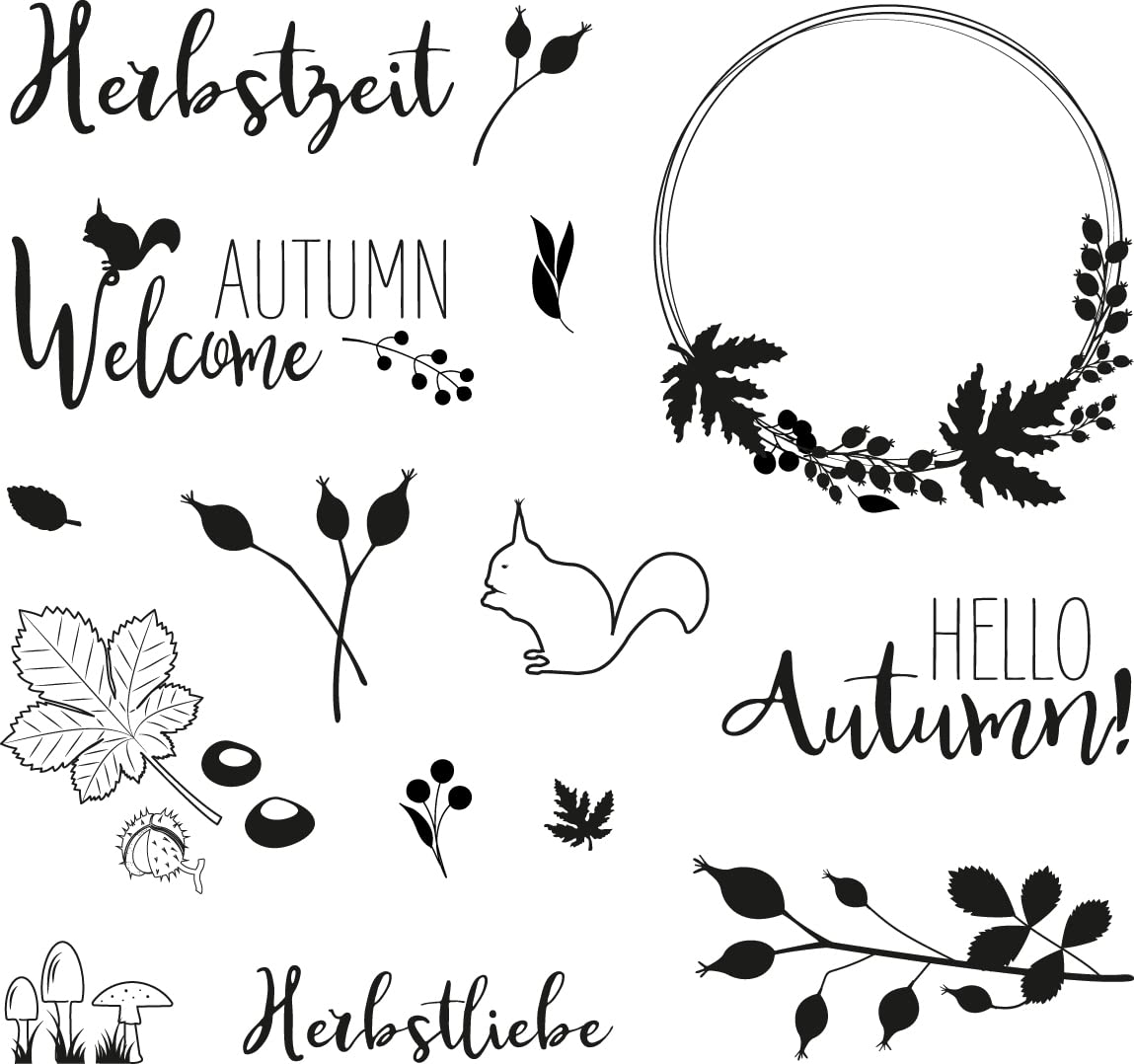 Rayher Set of 14 Clear Silicone Stamps for Card Making and Crafting, Stamps with Autumn-Themed Phrases and Designs, 102.5x97mm, 50265000