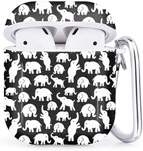 Compatible with Airpods 2 & 1 – Shockproof TPU Gel Portable Protection Soft Case Cover Skin with Carabiner Clip Keychain (Elephants Can)