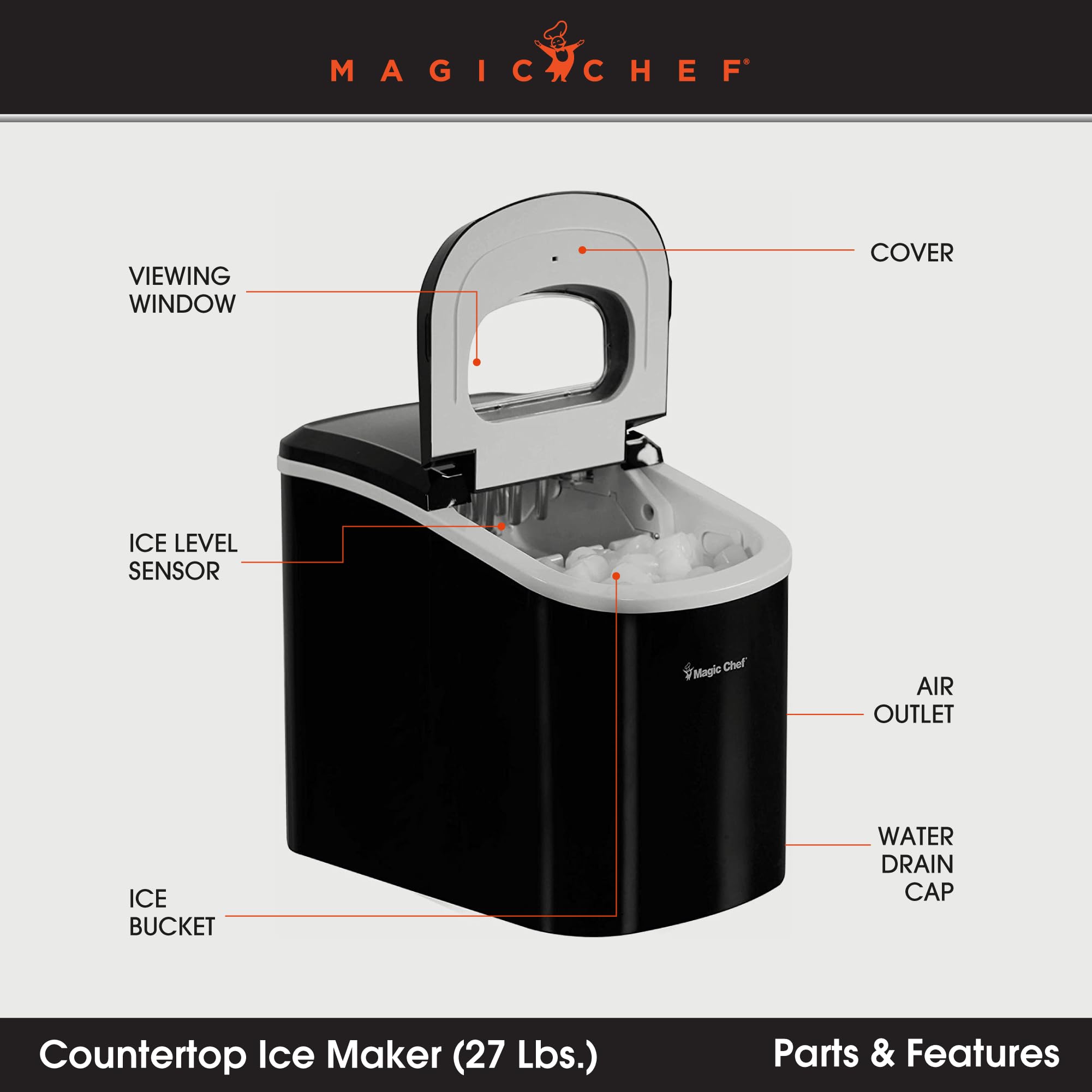 Magic Chef Countertop Ice Maker - Mini Portable Ice Machine - Home Bar Ice Cube Freezer, Makes up to 27 Pounds Per Day, Black