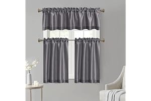 WPM WORLD PRODUCTS MART Faux Silk Kitchen Curtain Valance Set 36 Inch long Tier Curtains Cafe Curtains Rod Pocket valances for Living Room Bedroom Bathroom Farmhouse Rustic Country Window Curtains 3 Piece Set (Grey)