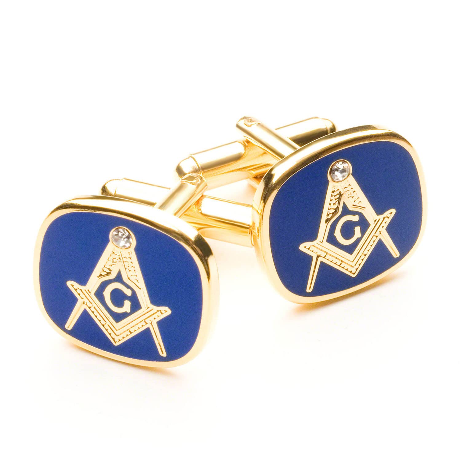 THE MASONIC COLLECTION - Square & Compass with G Cufflinks - Stunning White Crystal Stone - Blue and Gold Plated - Freemason Gifts For Men