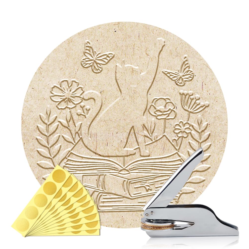 Photo 1 of ANATTASOUL Book Embosser Personalized Book Cat Pattern Book Stamp, Durable Library Stamp with Handle Set for Books, Library, Envelopes, Documents, Invitation