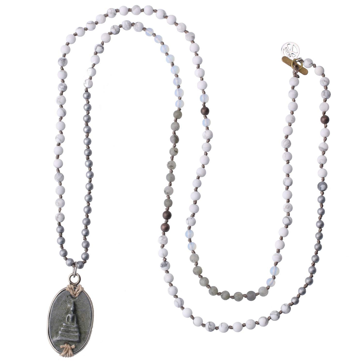 KELITCH Buddha Pendant Necklaces Natural Stone Beaded Necklaces Handmade Long Chain Strands Necklaces Jewelry for Women (White E)