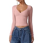 QINSEN Women's Long Sleeve V Neck T Shirts Double Lined Crop Top Seamed Cup Going Out Tops