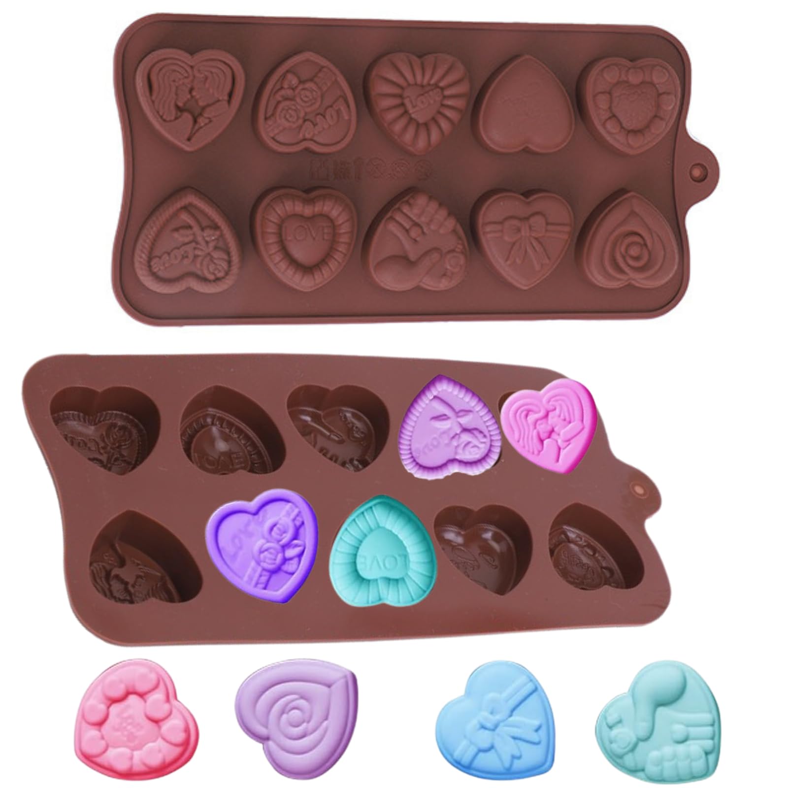 PTaizjjz Heart Silicone Mold 10 Cavity 3D Mould,2 PCS Silicone Valentine Chocolate Gummy and Candy Mold