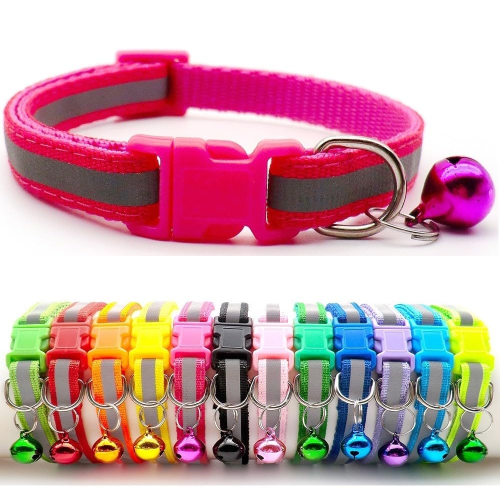 Small Dog Puppy Pet Collar Reflective Hi-Vis Strip with Bell Nylon Adjustable Size 19-32cm Rose