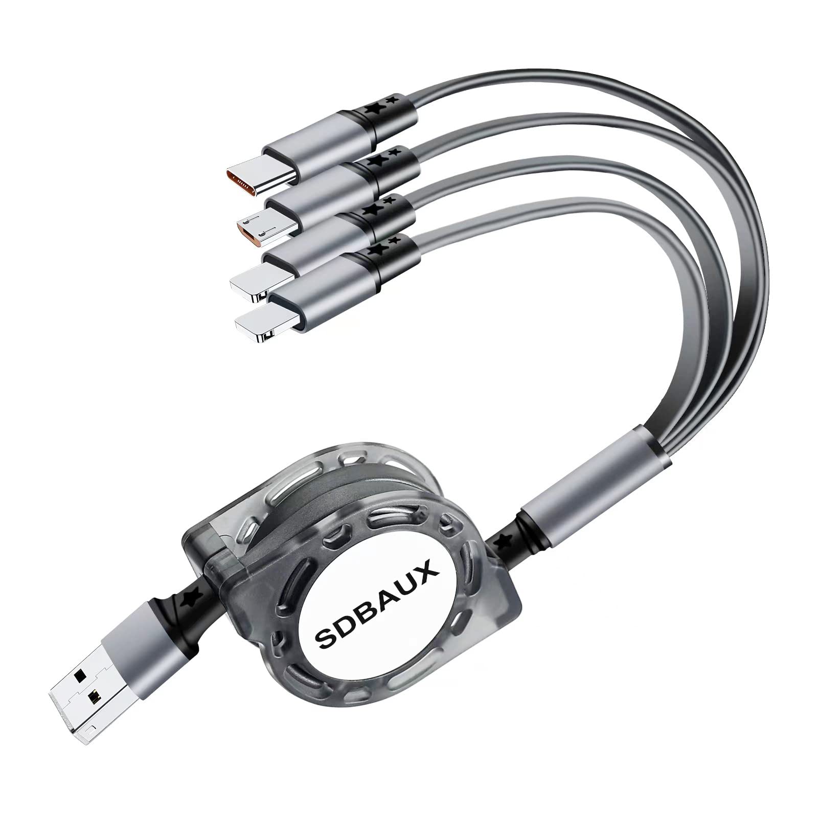 Multi Charger Cable 1M 3A, 4 in 1 Retractable USB Fast Charging Cord with Micro USB Type C 2*iP Cable Connector for Phone, Android Samsung Galaxy, Huawei, Nexus, Moto, LG, Sony, Xiaomi, PS5, Pixel