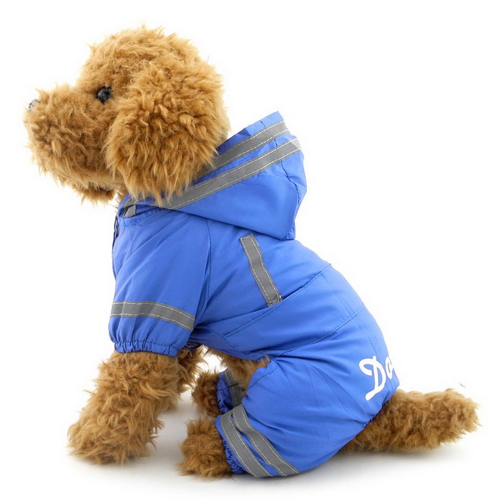 SELMAI Small Dog Raincoat Hooded Mesh Lined Soft Waterproof Lightweight Puppy Pet Rain Poncho Jacket Jumpsuit with Strip Blue L