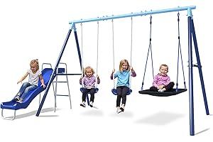 JYGOPLA 550lbs Heavy Duty 4-in-1 Metal Swing Set with Slide, Platform Swing & 2 U-Shape Seats, Outdoor Backyard Playground Equipment for Kids & Adults, Powder-Coated Anti-Rust Frame (Blue)