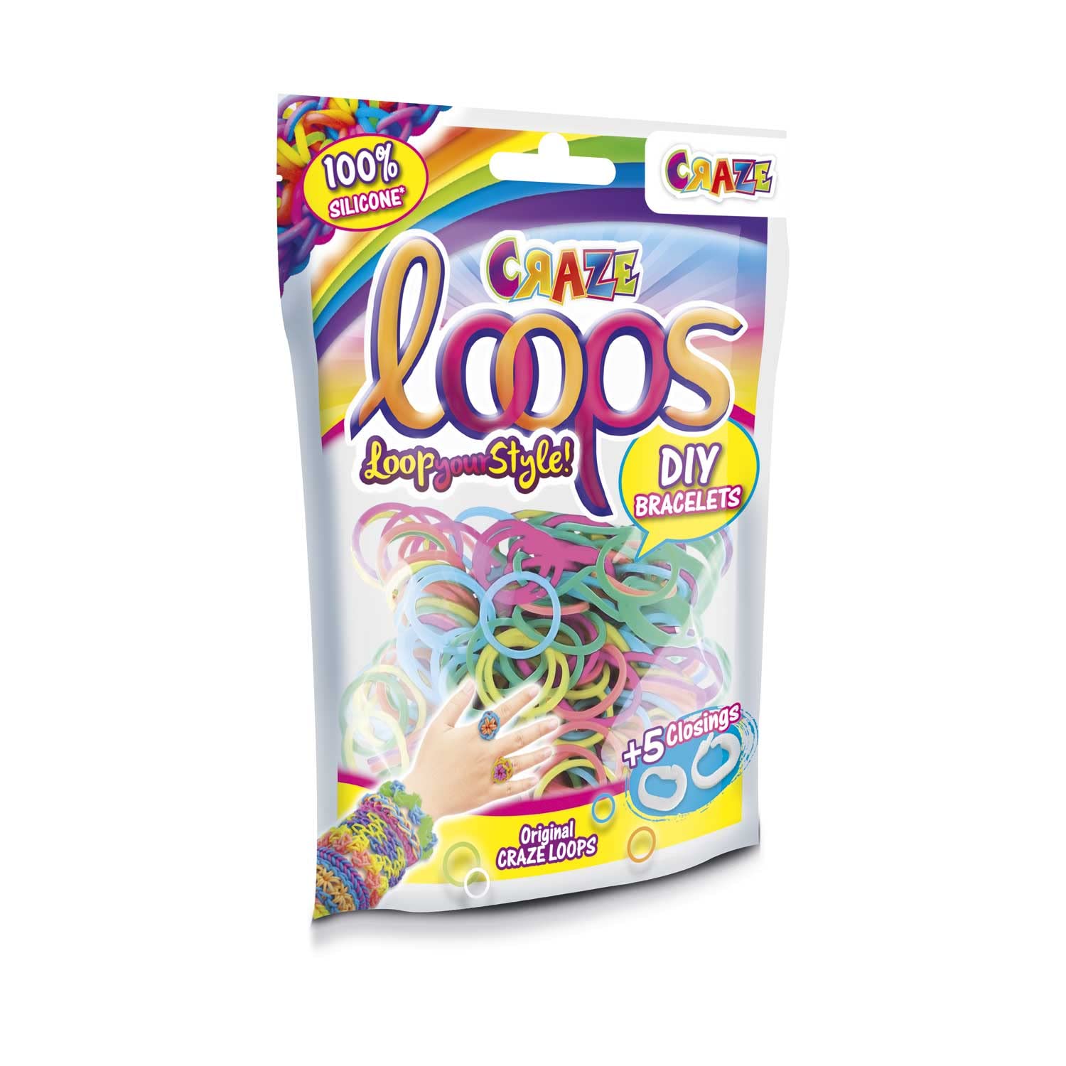 CRAZE loops Bag 100 Loom Bands Refill Pack with 100 Rubber Bands and 5 Clasps Children's Jewellery Craft Set Made of Skin-Friendly Silicone