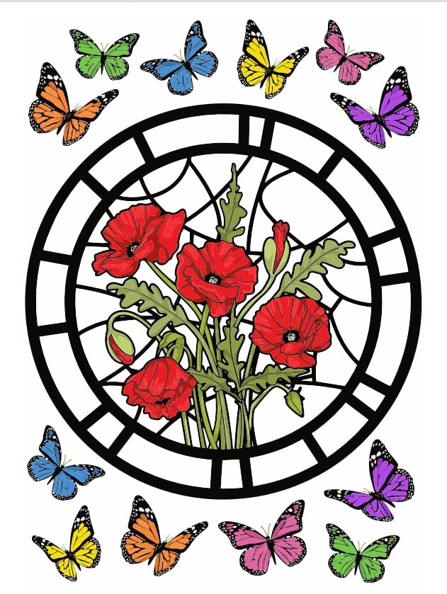 Stained Glass Daffodil Poppy Flower Butterfly Window Stickers Also Stops Birds Hitting Window (Poppy)- Size-A4-2 Pages