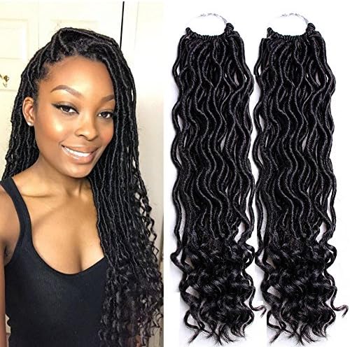 Yolami 6 Packs/lot Goddess Faux Locs Crochet Hair With Curly Ends Wavy Faux Locs Crochet Braids Soft Synthetic Hair Extensions Dreadlocks Crochet Locs Braiding Hair 24 Roots/pack (14inch, 1B)