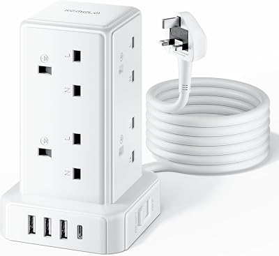 Kemelo Tower Extension Lead 3M 8 USB Ports 13A 3250W Surge Protection