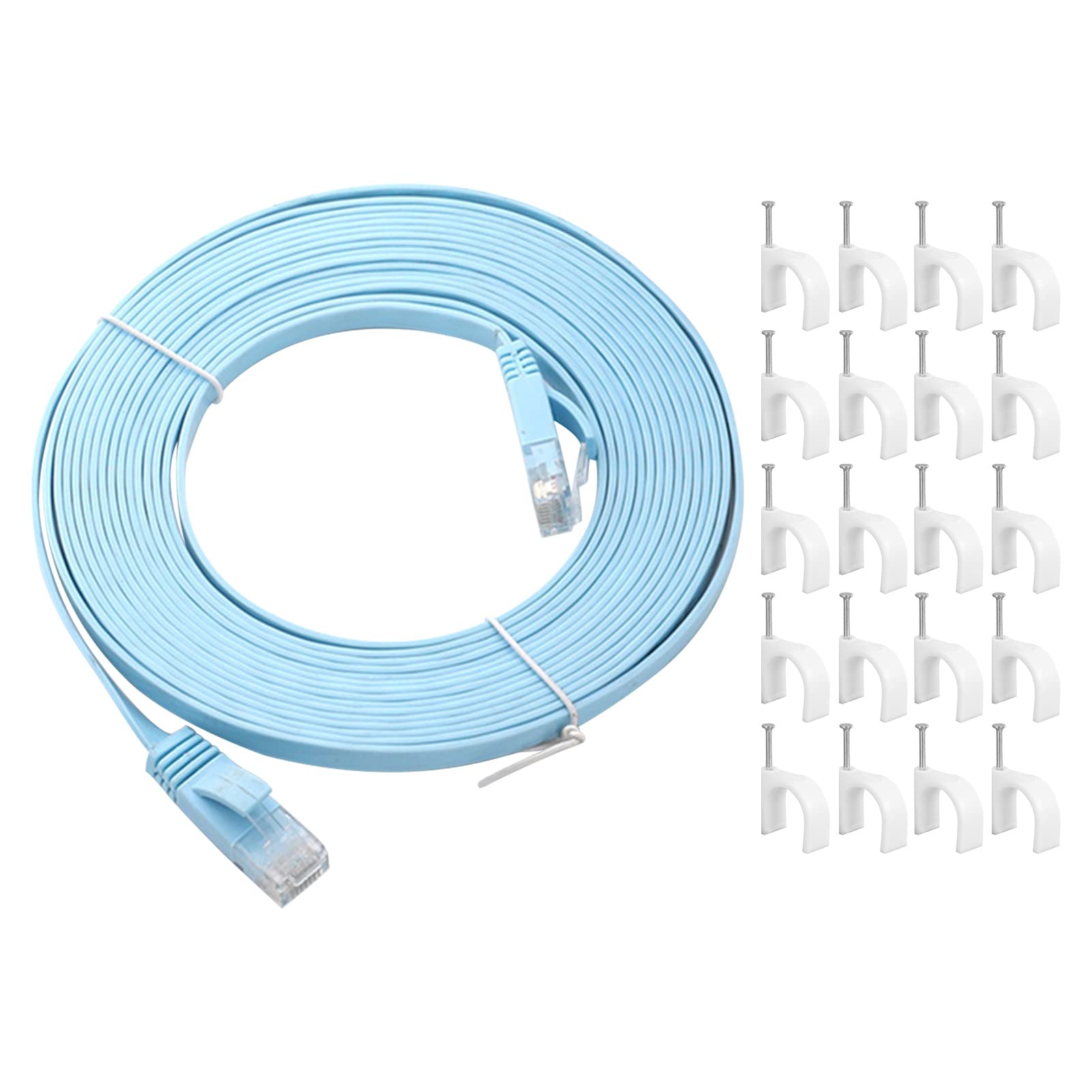 Cat 6 Ethernet Cable 10M, High-Speed Flat RJ45 LAN Gigabit Network Cable with 100 Fixing Clip, Pure Copper Core Ethernet Cable 100Mbps Transmission Rate(BLue)