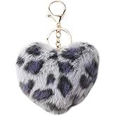 Spenlly Leopard Pom Pom Bag Charm, Cute Plush Heart Keychain Car Hanging Keyring Purse Charm Decoration Pendant for Women