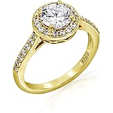 Amazon Essentials Platinum or Gold Plated Sterling Silver Round Halo Ring Made with Infinite Elements Zirconia