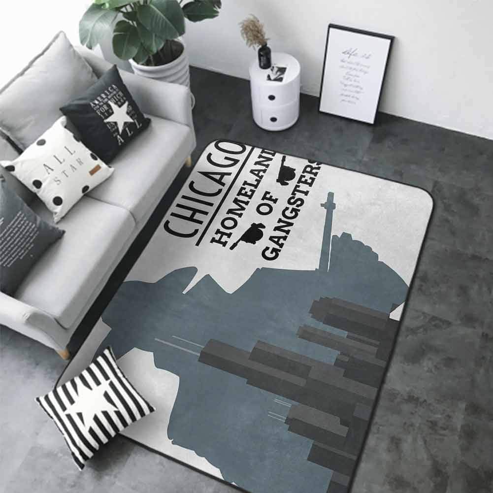 Large Floor Mats for Living Room Colorful Vintage,Double Exposure of Gangster with Gun on Chicago Skyscrapers Homeland Mafia Danger,Grey Black 80"x 96" Camping Rugs for Outside