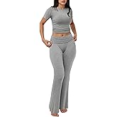 Motarto Women's 2 Piece Lounge Sets Short Sleeve Slim Fit Foldover Flare Pants Crop Top Casual Loungewear PJ