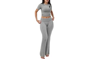 Motarto Women's 2 Piece Lounge Sets Short Sleeve Slim Fit Foldover Flare Pants Crop Top Casual Loungewear PJ