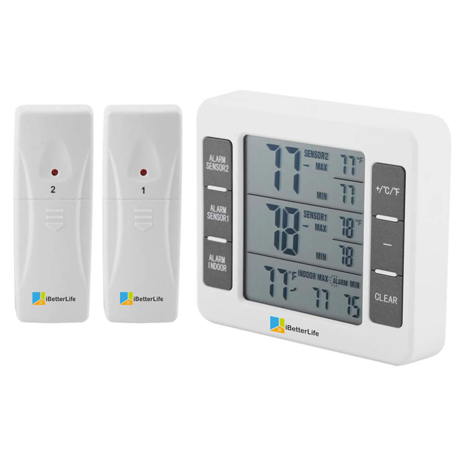 Photo 1 of iBetterLife Refrigerator Thermometer, Digital Freezer Thermometer with 2 Sensors, Wireless Indoor Outdoor Temperature Monitor with Big LCD Display, Min/Max, Audible Alarm for Home Restaurants Fridge