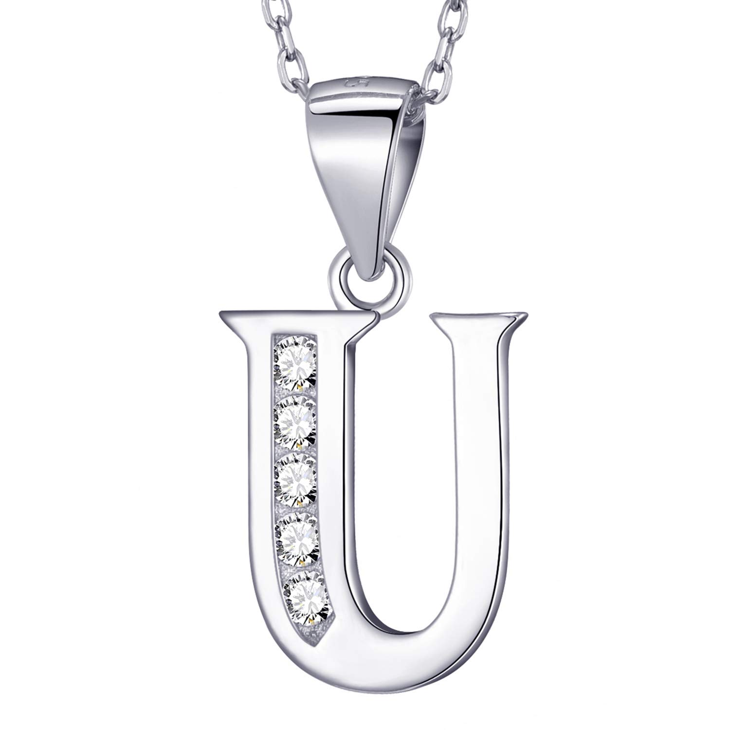 MASADA 925 Sterling Silver Letter Necklace - Initial Pendant with Zircon Stones - Letter U - Personalised Alphabet, Teens & Girls - 46 cm - 18 inch Chain in Velvet Bag