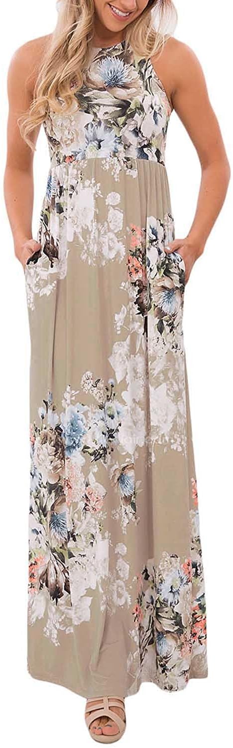 Zajawia Maxi Dresses for Women Floral Print Racerback Sleeveless Summer Casual Dress with Pockets