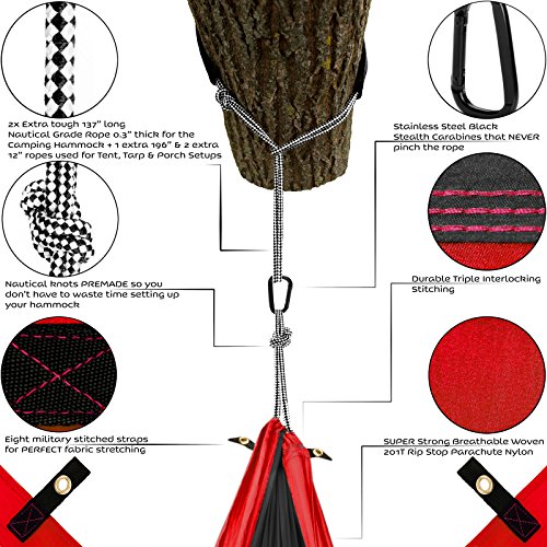 Double Hammock Camping Gear Straps | Best Portable Parachute Nylon 2 Person Folding Hammock with Tree Hanging Straps, Rope & Instruction Booklet | Ideal for Travel, Hiking & Backpacking - Thumbnail 5