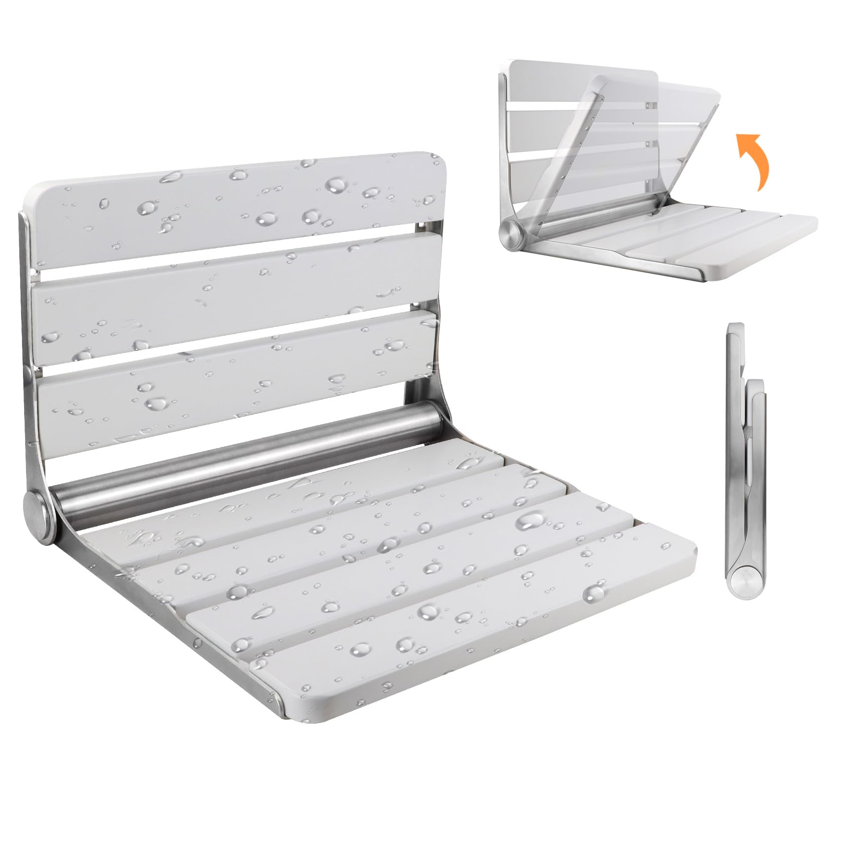 Photo 1 of Teak Folding Shower Seat Wall Mounted, 16" Foldable Shower Bench, 400lbs Max Load, Space-Saving Fold Down Design for Seniors, Elderly & Small Shower Spaces (White, 16 inchs)